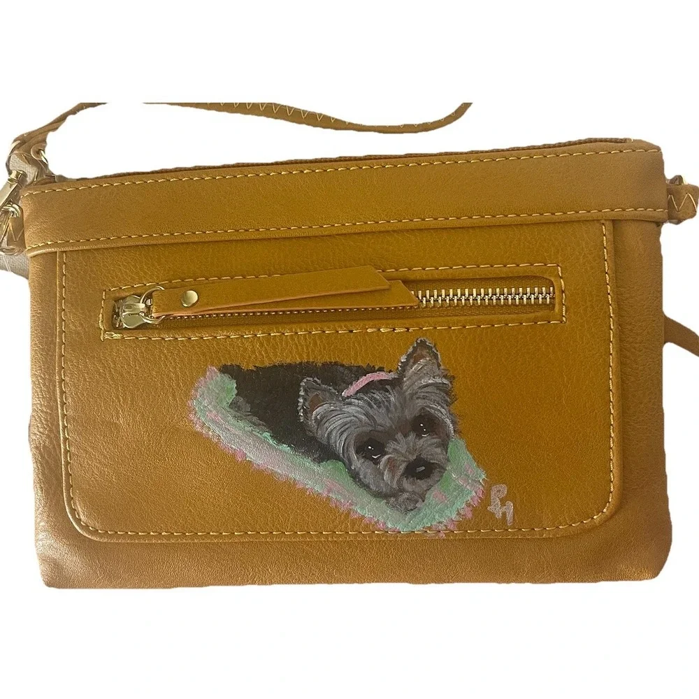Mustard‎ Yellow Wristlet Crossbody Hand Painted Yorkie Dog 3 Zip NWT
